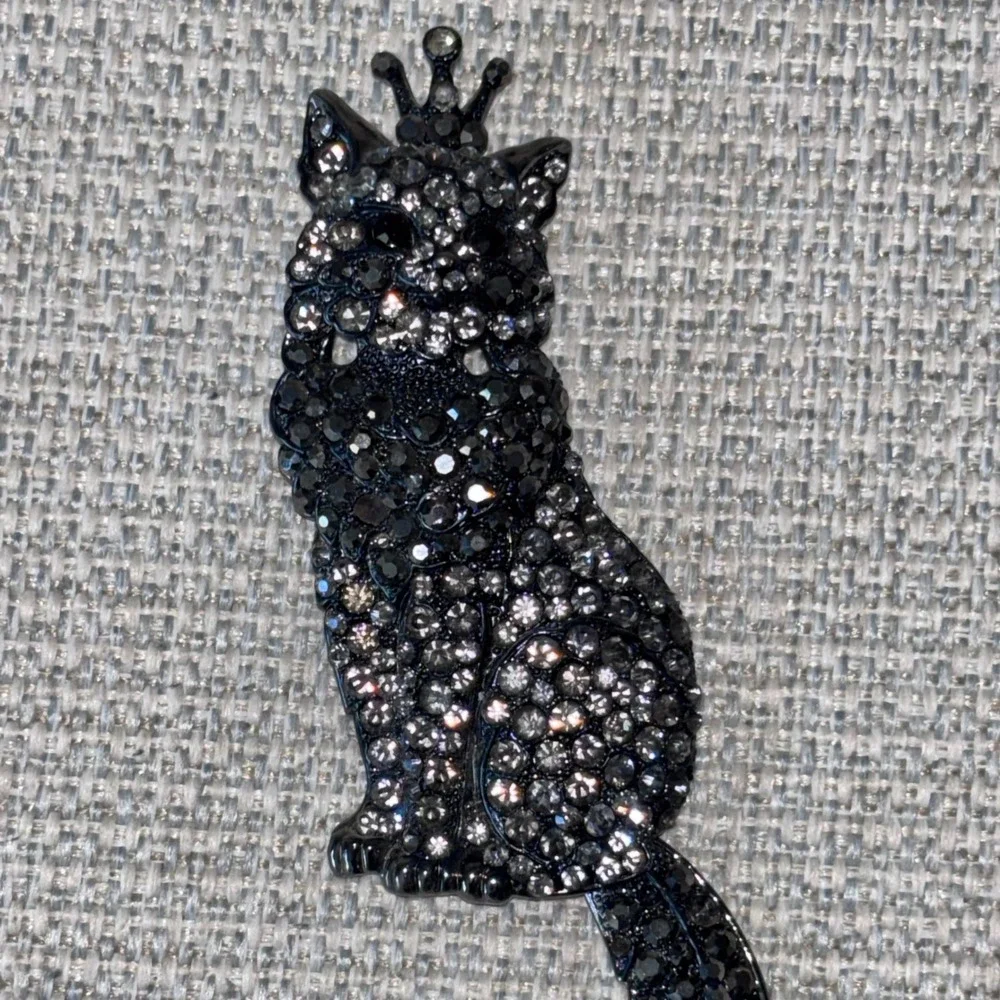 Vintage Black Cat Brooch Rhinestone Diamond Royal‎ Goth Whimsigoth